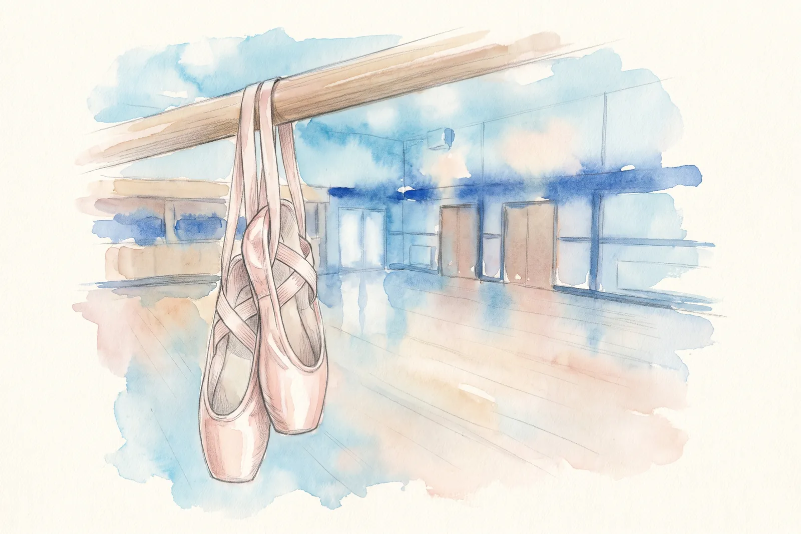 Watercolour of ballet shoes hanging from the barre in the hall
