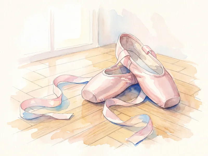 Watercolour of pointe shoes and ribbons on a wooden floor