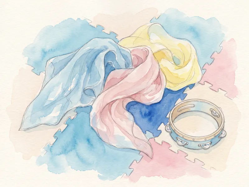 Watercolour of floaty chiffon dance scarves and a tambourine on a nursery play mat